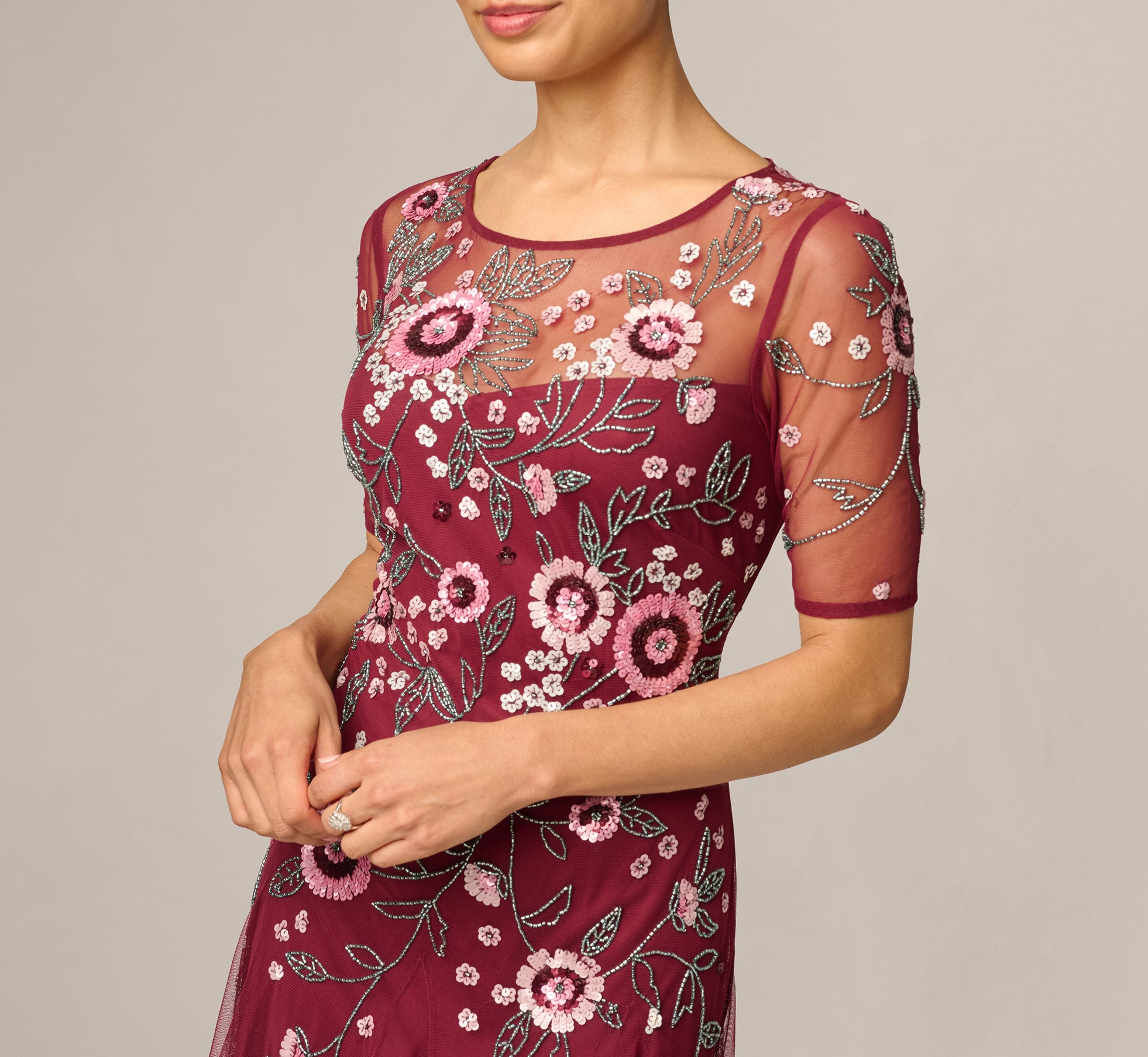 adrianna papell petite beaded sheath dress Red Short Sleeve Floral Sequin Ankle Length black gown with sheer line silhouette Color:Purple* BACKLESS-DRESS