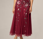 Petite Short Sleeve Floral Beaded Sequin Ankle Length Dress In Mahogany 4