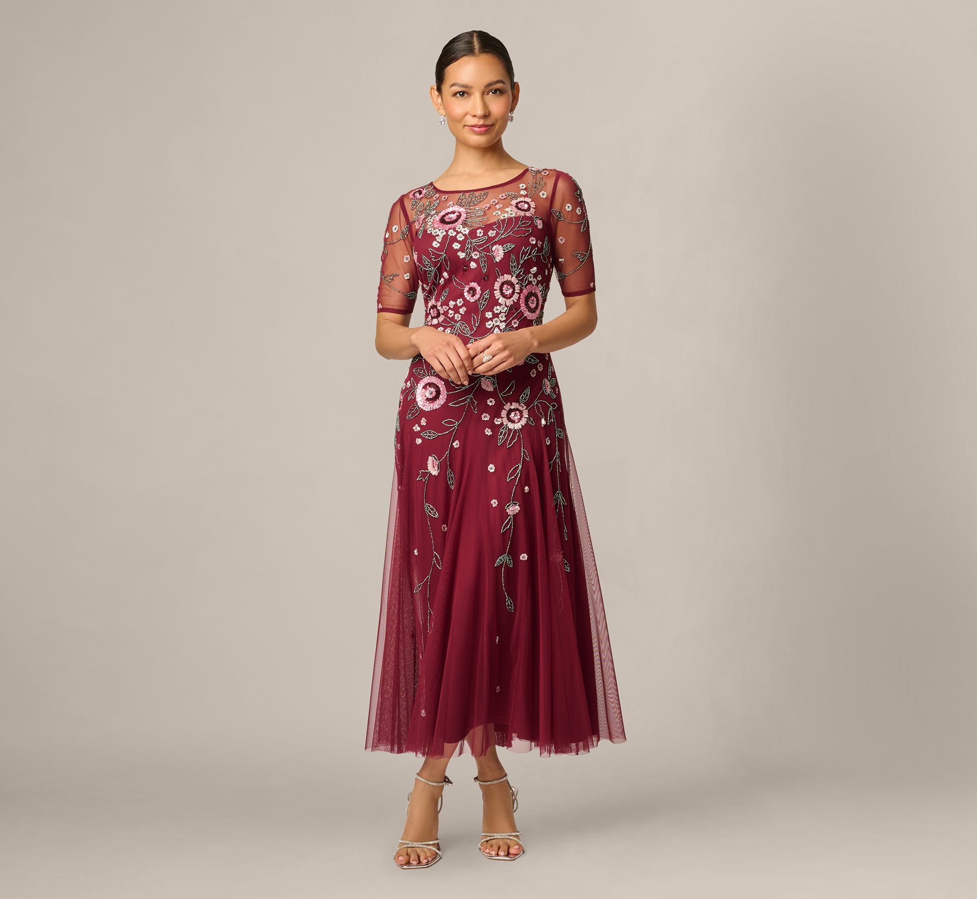 Petite Short Sleeve Floral Beaded Sequin Ankle Length Dress In Mahogany 1