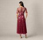 Short Sleeve Floral Beaded Sequin Ankle Length Dress In Mahogany 5
