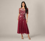 Short Sleeve Floral Beaded Sequin Ankle Length Dress In Mahogany 2