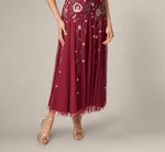 Short Sleeve Floral Beaded Sequin Ankle Length Dress In Mahogany 3