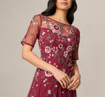 Short Sleeve Floral Beaded Sequin Ankle Length Dress In Mahogany 4
