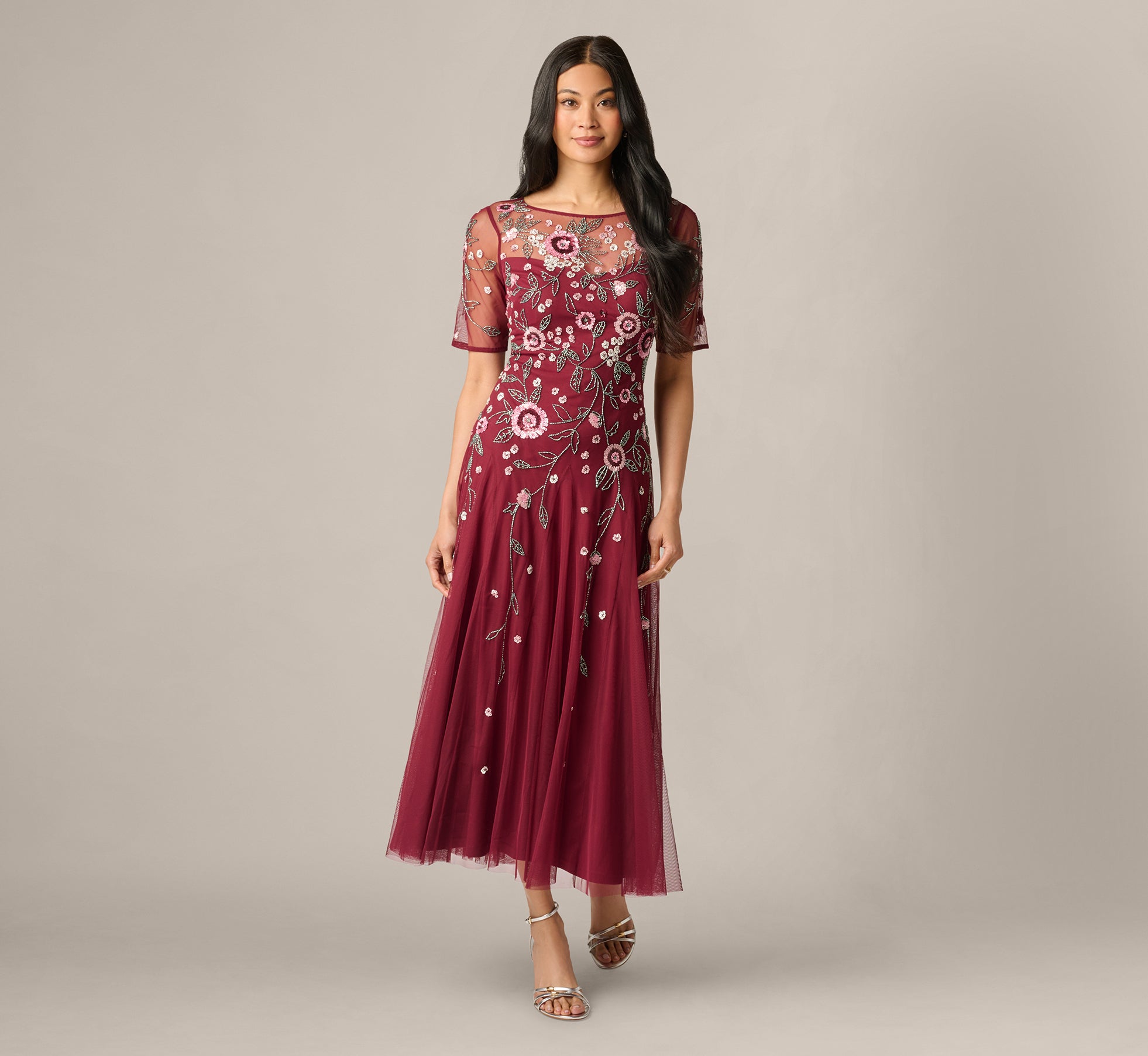 Short Sleeve Floral Beaded Sequin Ankle Length Dress In Mahogany 1