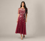 Short Sleeve Floral Beaded Sequin Ankle Length Dress In Mahogany 1