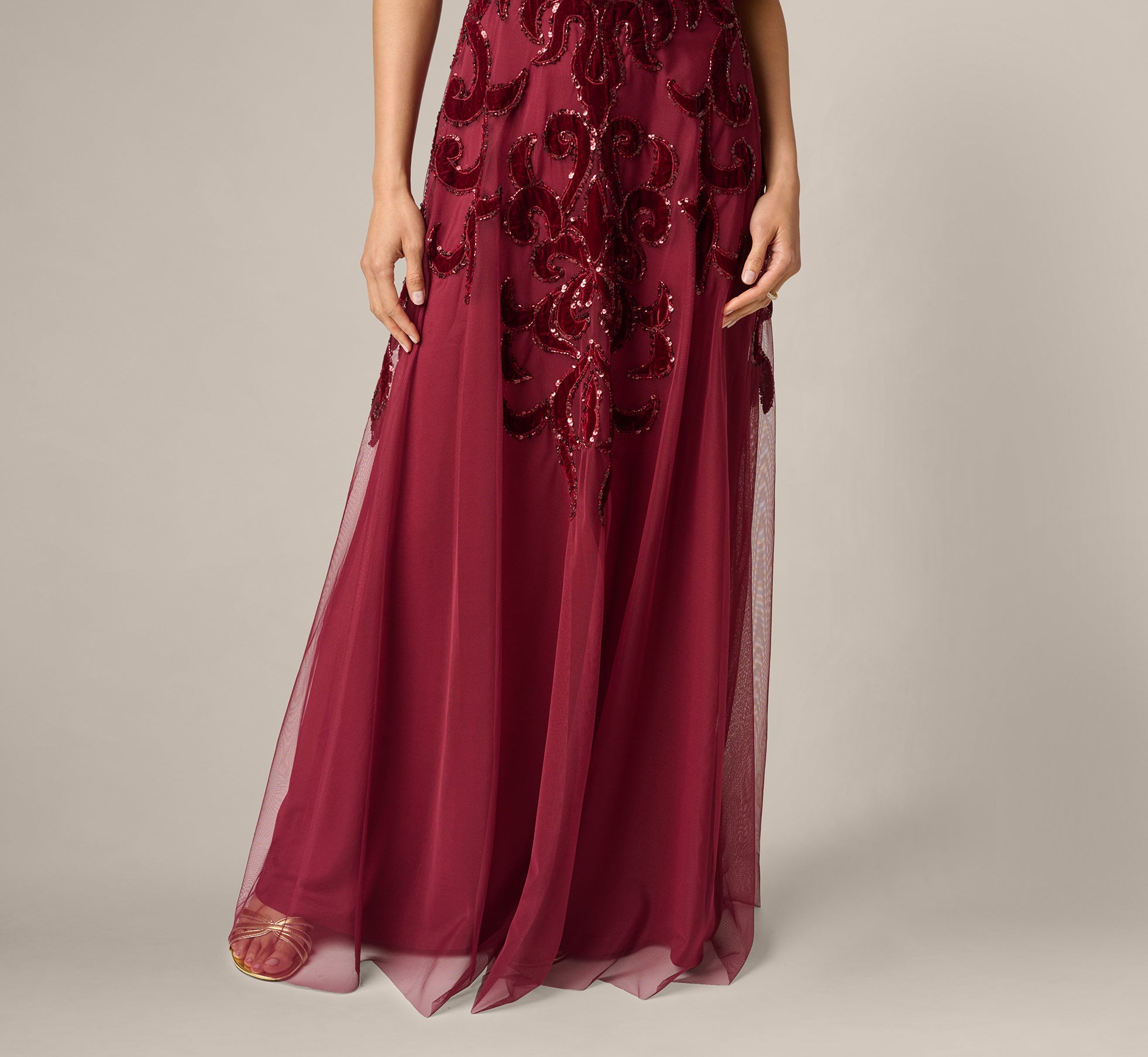 Red Petite Baroque Scroll Velvet Beaded Gown