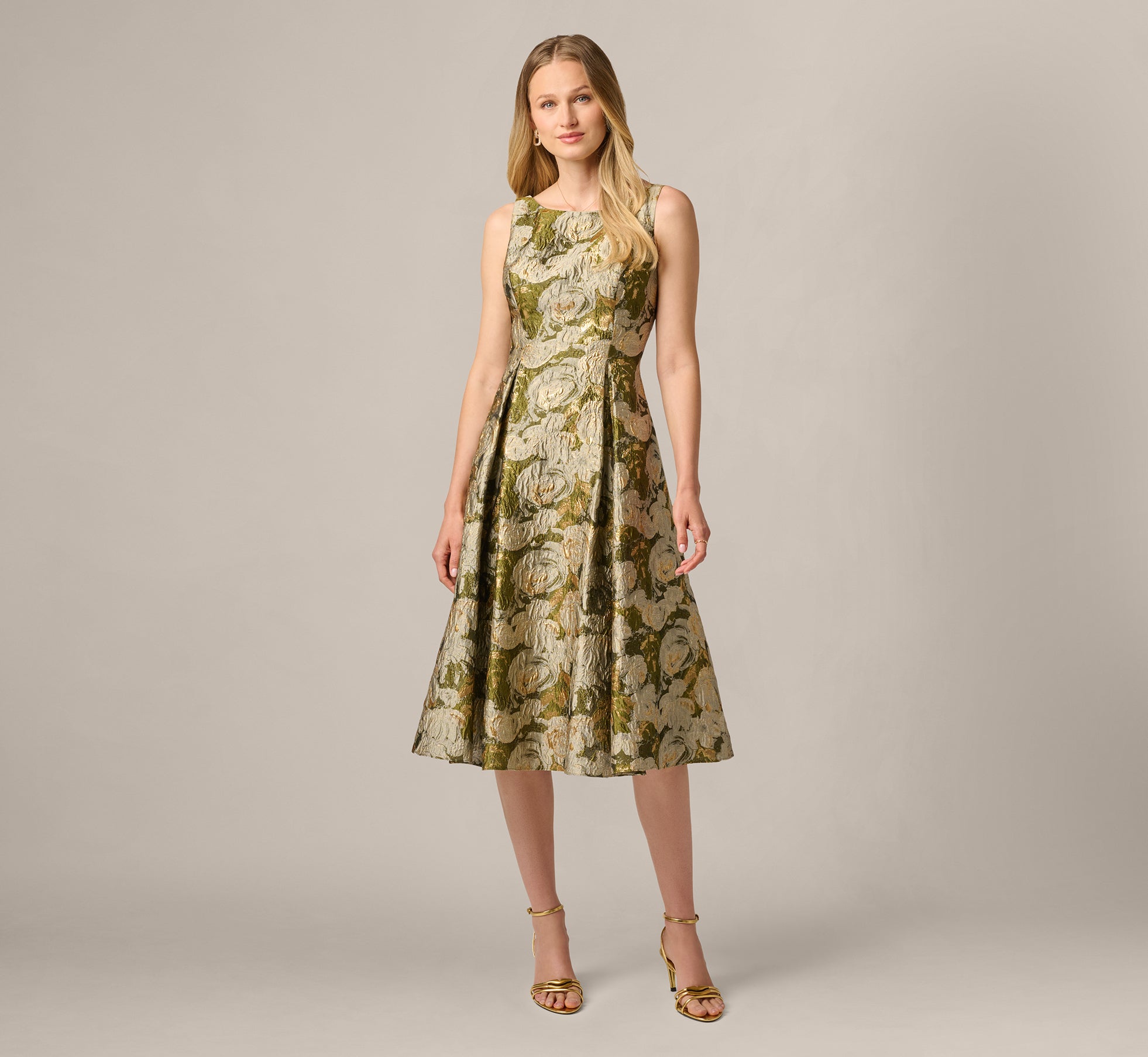 Green Floral Jacquard Fit And Flare Tea Length Dress