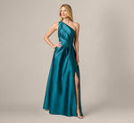 One Shoulder Mikado Asymmetrical Pleated Ballgown In Hunter 2