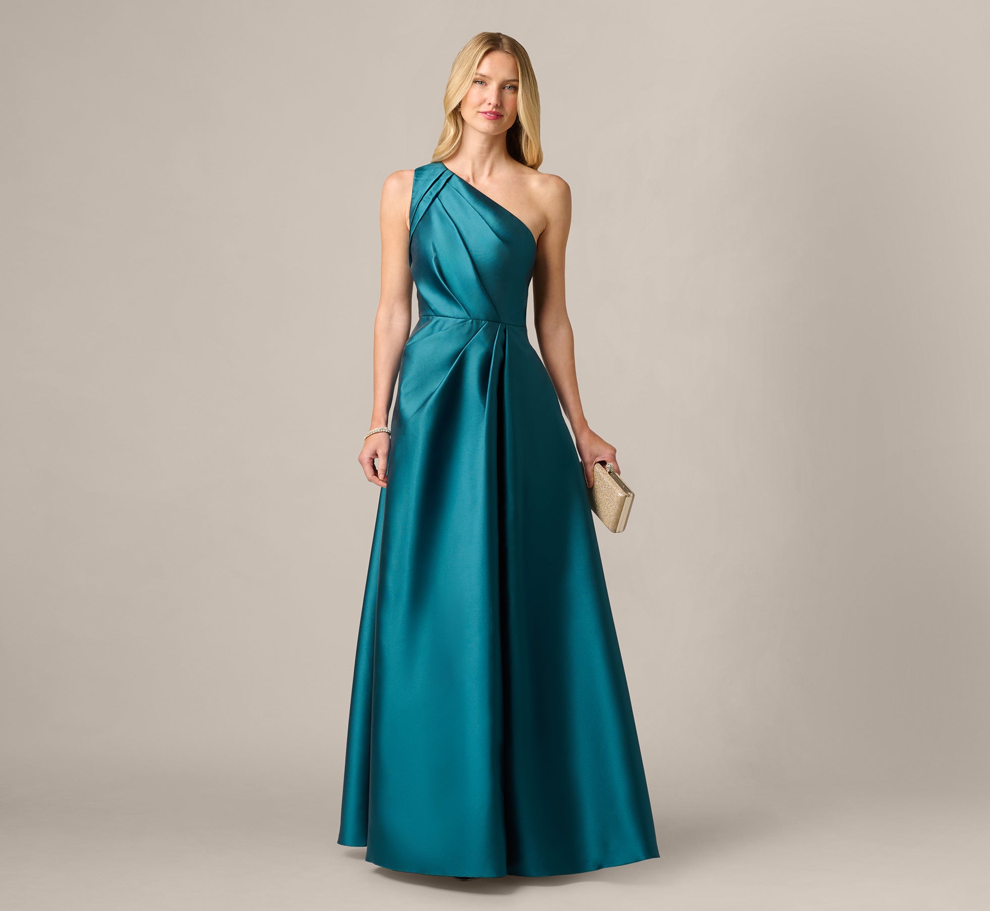 One Shoulder Mikado Asymmetrical Pleated Ballgown In Hunter 1
