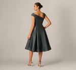 Asymmetrical Pleated Shoulder Fit And Flare Midi Dress In Jade Stone 5