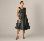 Asymmetrical Pleated Shoulder Fit And Flare Midi Dress In Jade Stone 2