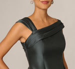 Asymmetrical Pleated Shoulder Fit And Flare Midi Dress In Jade Stone 3