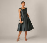 Asymmetrical Pleated Shoulder Fit And Flare Midi Dress In Jade Stone 1
