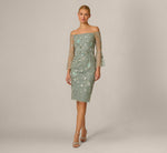 Off Shoulder Bell Sleeve Floral Beaded Cocktail Dress In Sage Multi 2