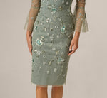 Off Shoulder Bell Sleeve Floral Beaded Cocktail Dress In Sage Multi 3