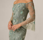 Off Shoulder Bell Sleeve Floral Beaded Cocktail Dress In Sage Multi 4