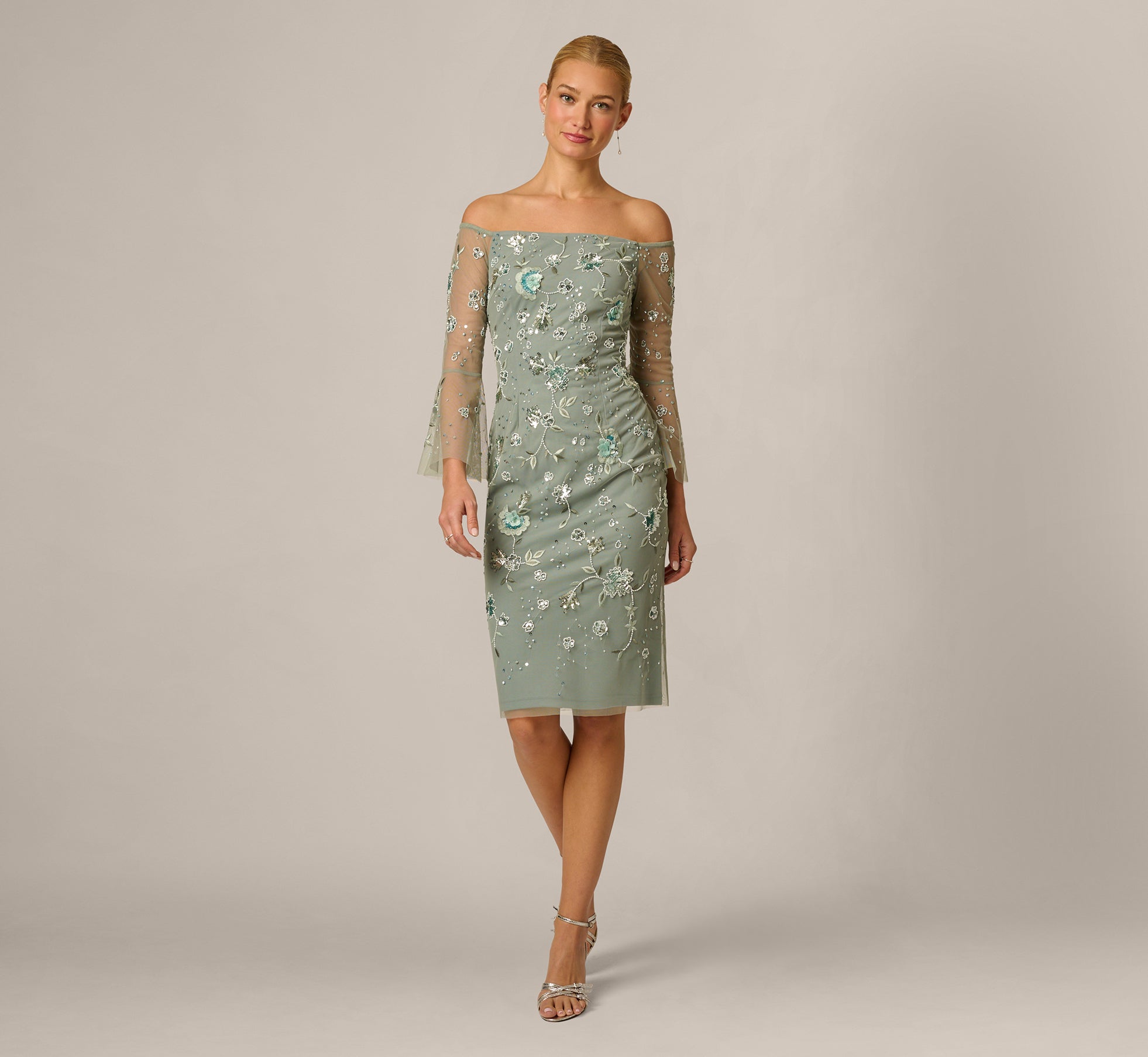 Off Shoulder Bell Sleeve Floral Beaded Cocktail Dress In Sage Multi 1