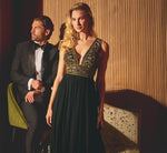Stained Glass Beaded Combo Plunge Gown In Black Multi 1