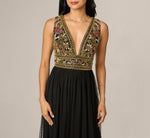 Stained Glass Beaded Combo Plunge Gown In Black Multi 3