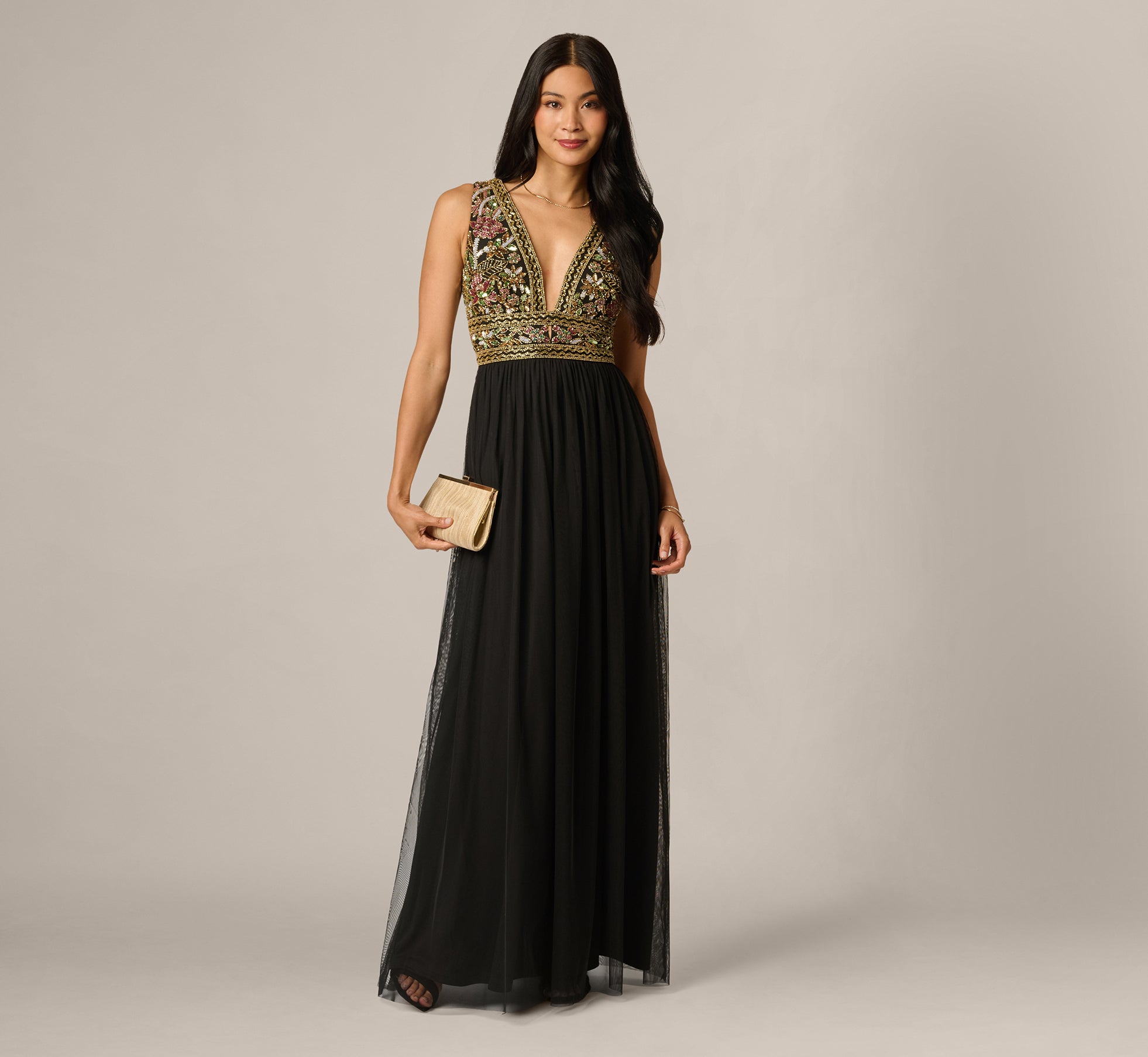 Stained Glass Beaded Combo Plunge Gown In Black Multi 1