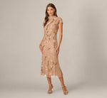 Short Sleeve Floral Sequin Beaded Midi Dress In Rose Gold Multi 2
