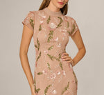 Short Sleeve Floral Sequin Beaded Midi Dress In Rose Gold Multi 3