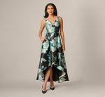 Soft Focus Floral Mikado High Low Gown In Black Multi 2