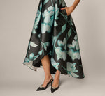 Soft Focus Floral Mikado High Low Gown In Black Multi 4
