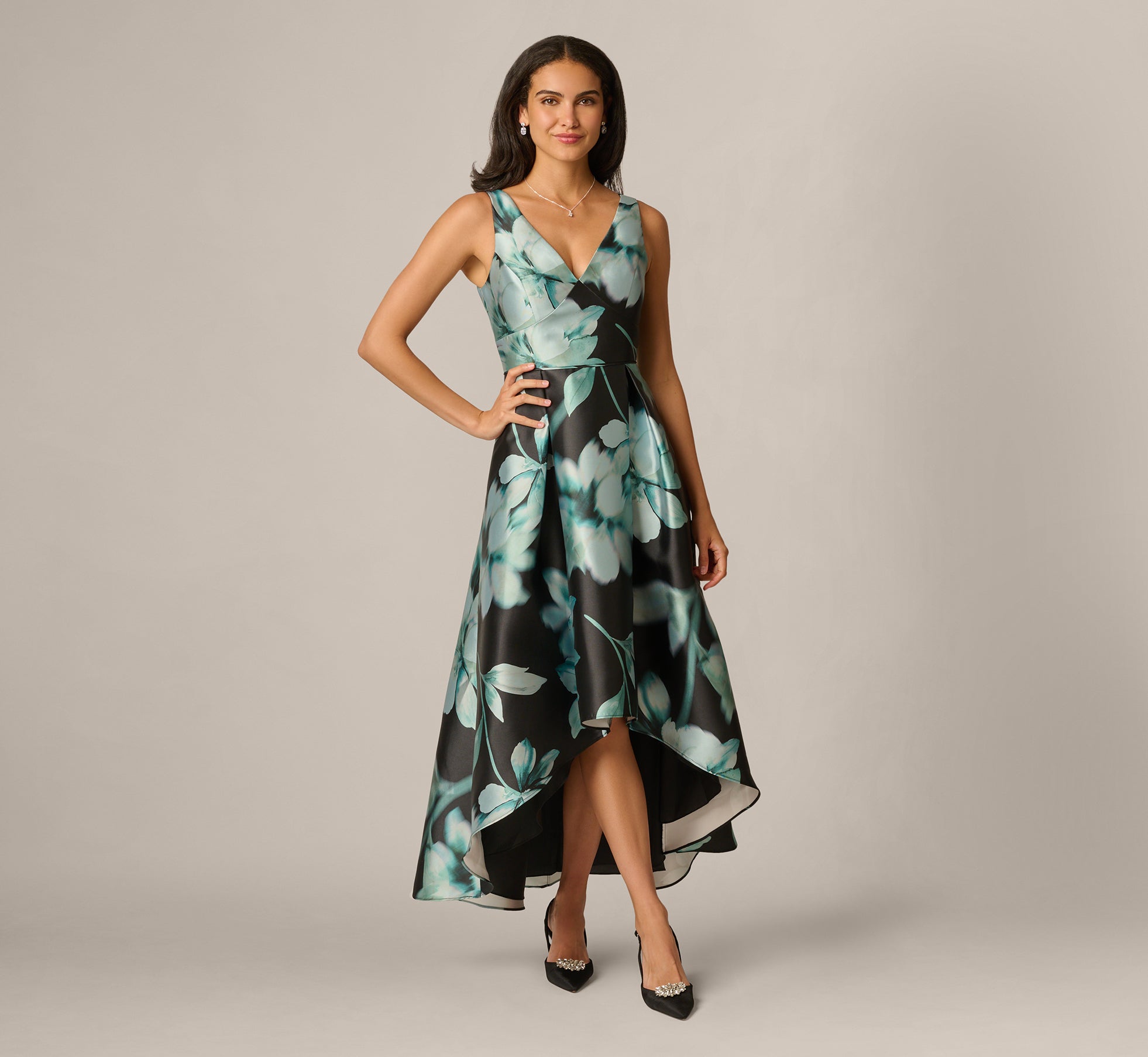 Soft Focus Floral Mikado High Low Gown In Black Multi 1