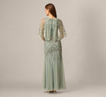 Cape Sleeve Opaline Floral Beaded Mermaid Gown In Sage 5