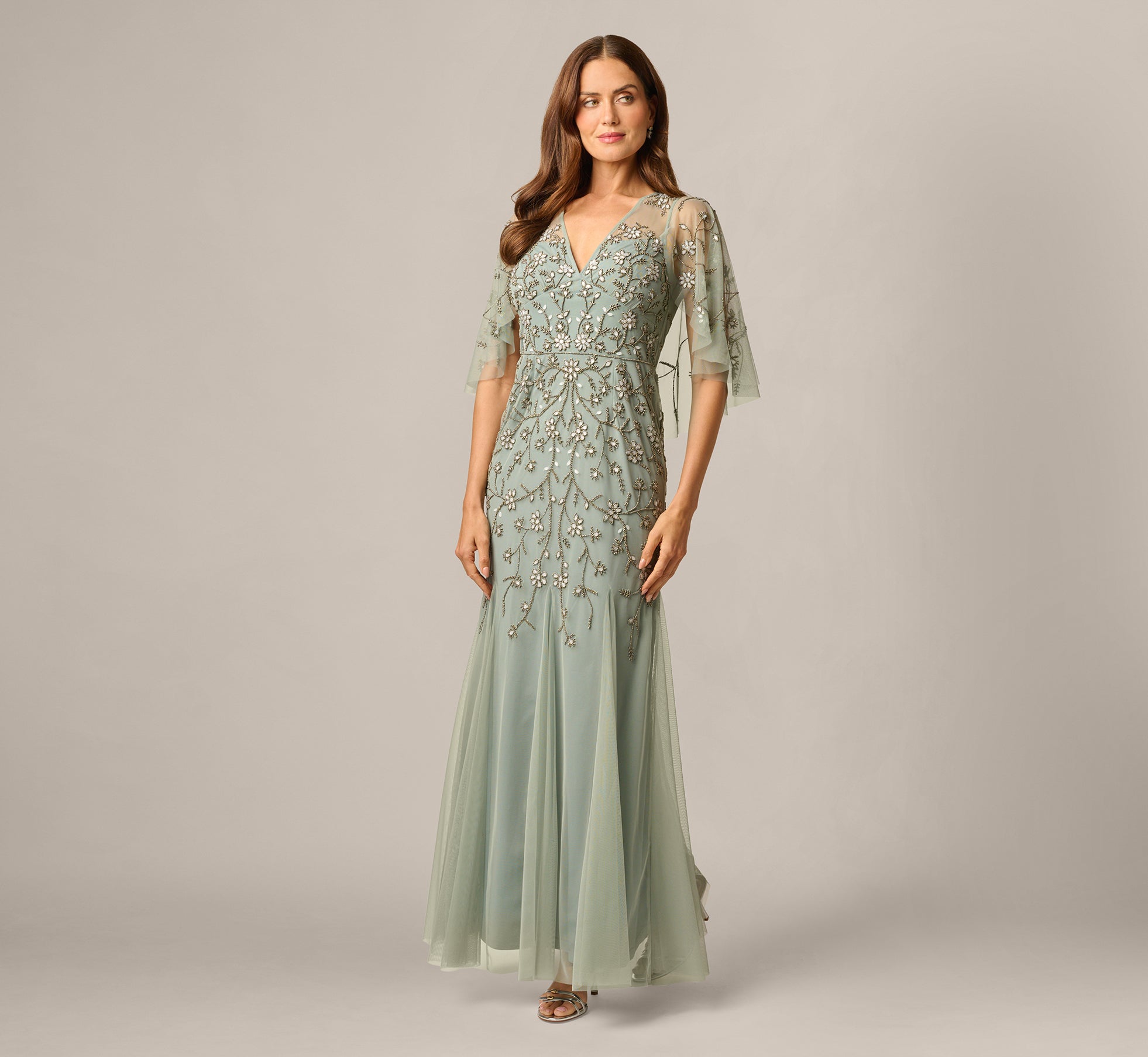 Cape Sleeve Opaline Floral Beaded Mermaid Gown In Sage, Sage / Regular / 2