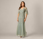 Cape Sleeve Opaline Floral Beaded Mermaid Gown In Sage 2