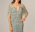 Cape Sleeve Opaline Floral Beaded Mermaid Gown In Sage 3