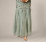 Cape Sleeve Opaline Floral Beaded Mermaid Gown In Sage 4