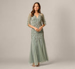 Cape Sleeve Opaline Floral Beaded Mermaid Gown In Sage 1