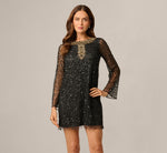 Long Sleeve Sequin Beaded Shift Cocktail Dress In Black Gold 2