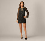 Long Sleeve Sequin Beaded Shift Cocktail Dress In Black Gold 6