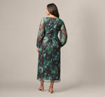 Plus Size Long Sleeve Metallic Floral Mesh Ruched Ankle Dress In Black Emerald 5