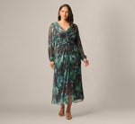 Plus Size Long Sleeve Metallic Floral Mesh Ruched Ankle Dress In Black Emerald 2