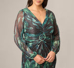 Plus Size Long Sleeve Metallic Floral Mesh Ruched Ankle Dress In Black Emerald 3