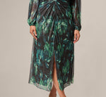 Plus Size Long Sleeve Metallic Floral Mesh Ruched Ankle Dress In Black Emerald 4