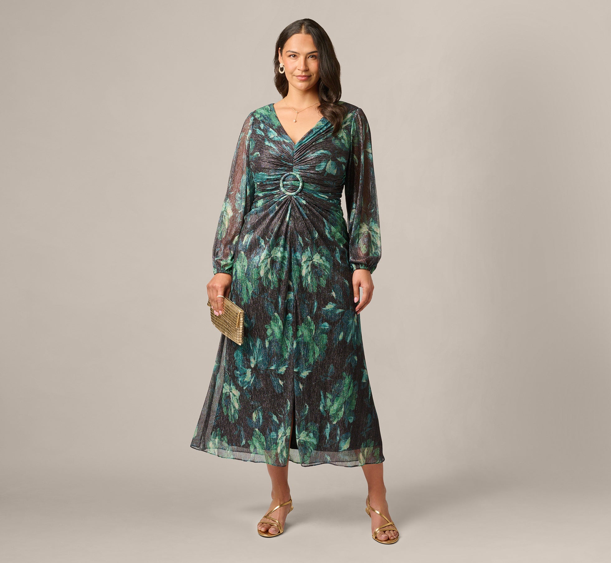 Plus Size Long Sleeve Metallic Floral Mesh Ruched Ankle Dress In Black Emerald 1