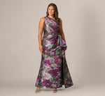 Plus Size One Shoulder Rose Garden Jacquard Mermaid Gown In Green Multi 2