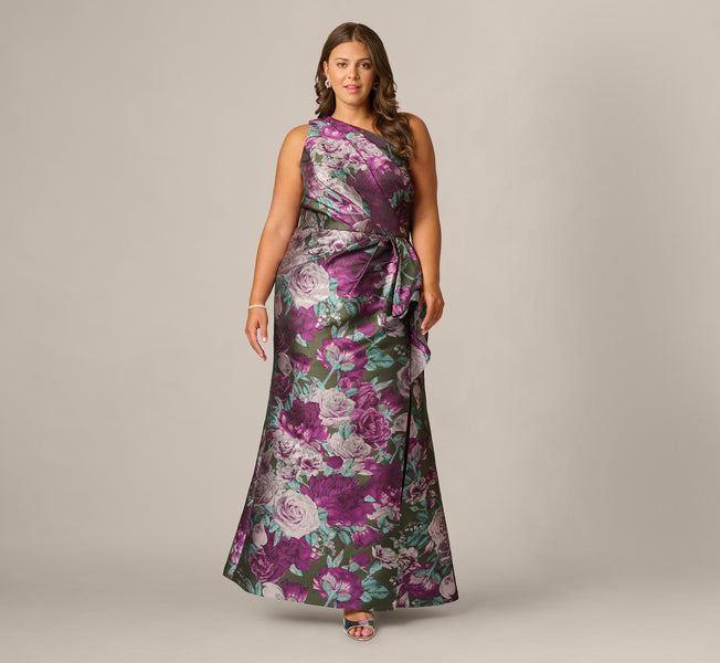 Multi Colored Plus Size One Shoulder Rose Garden Jacquard Mermaid