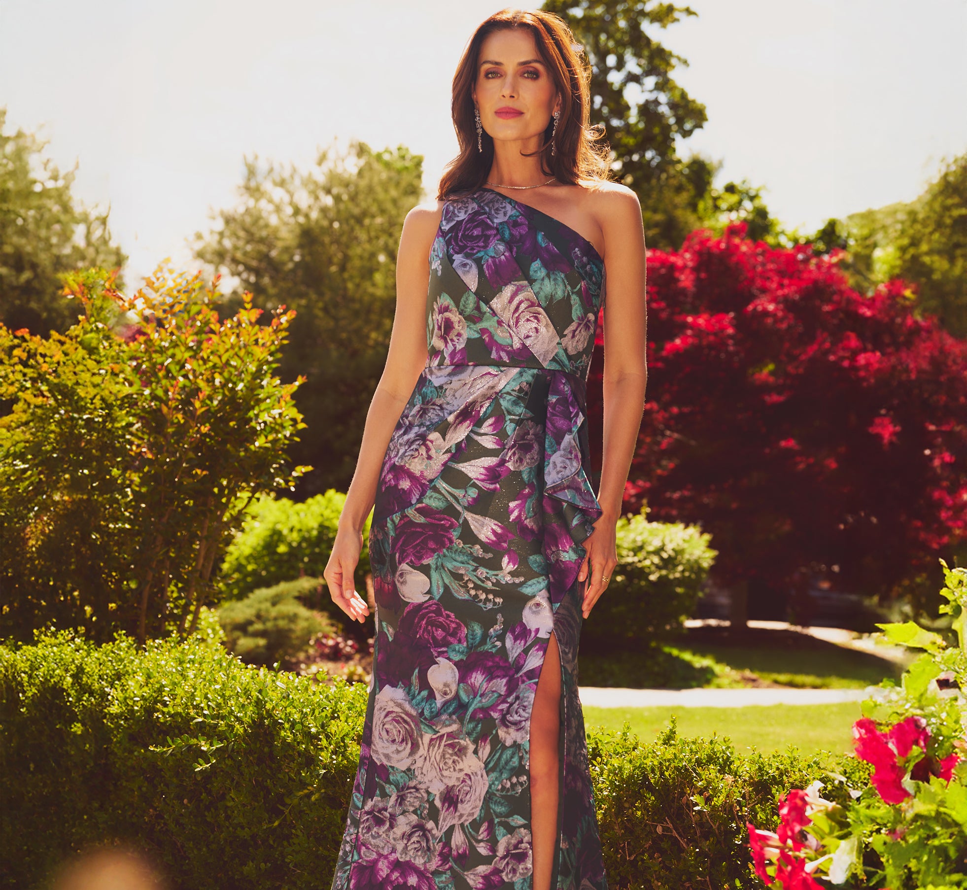 One Shoulder Rose Garden Jacquard Mermaid Gown In Green Multi 1