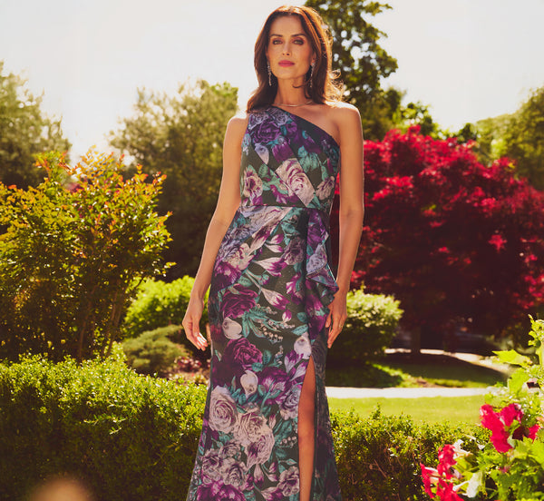 Multi Colored One Shoulder Rose Garden Jacquard Mermaid Gown
