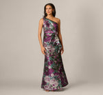 One Shoulder Rose Garden Jacquard Mermaid Gown In Green Multi 3