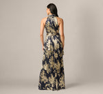 Floral Metallic Chiffon Tiered Halter Gown In Navy Gold 5