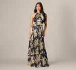 Floral Metallic Chiffon Tiered Halter Gown In Navy Gold 2