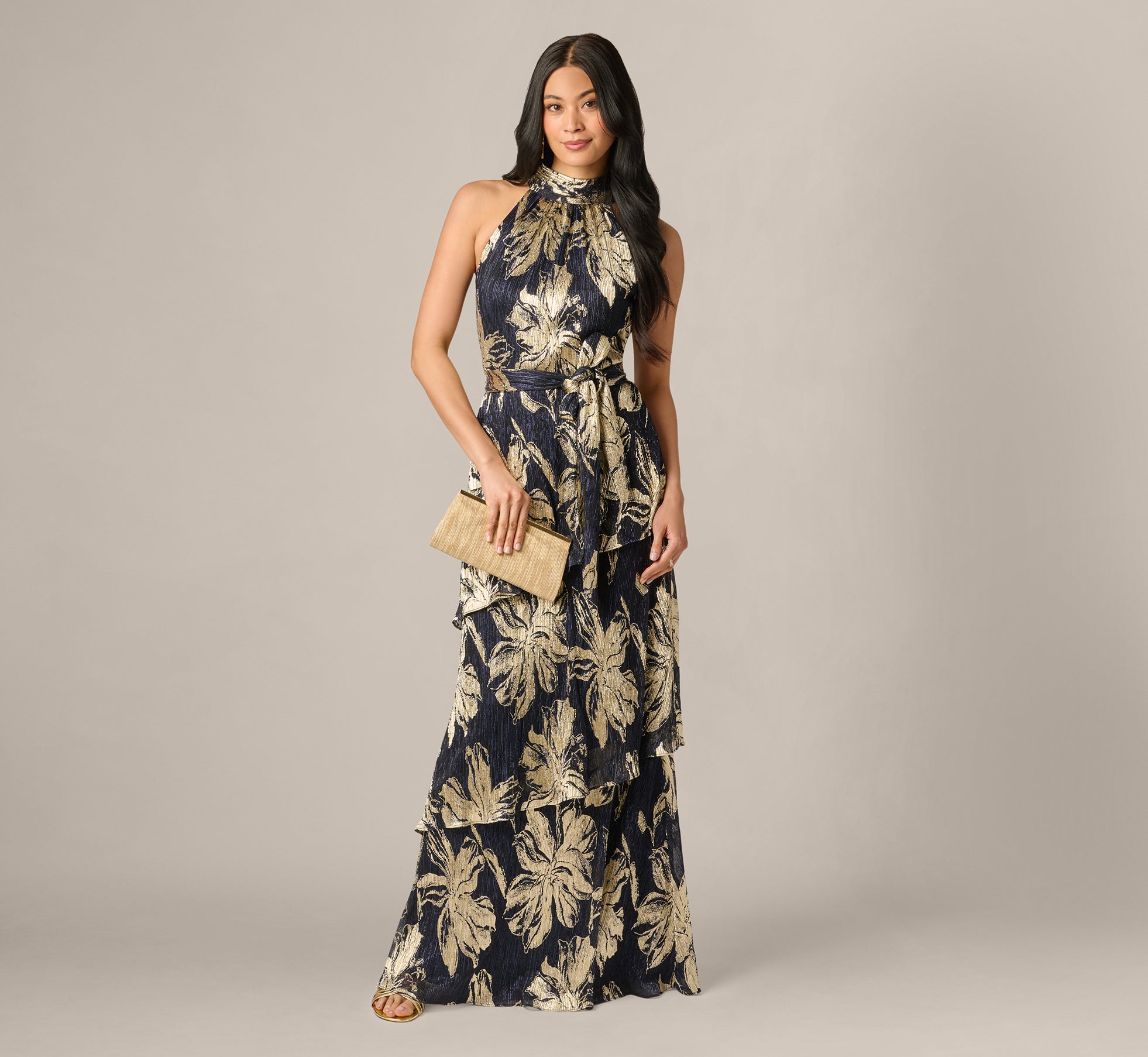 Floral Metallic Chiffon Tiered Halter Gown In Navy Gold 1